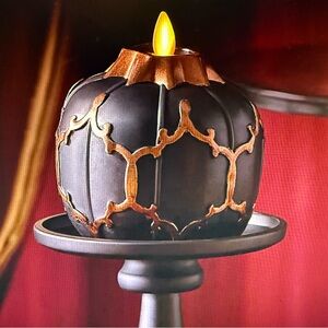 New Luminara Black Embossed Fretwork Flameless Candle Pumpkin
